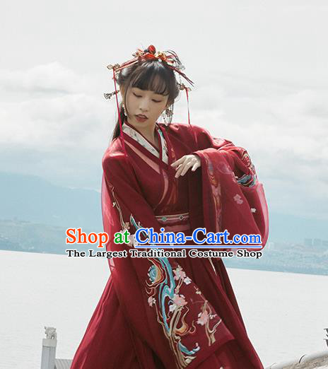 Chinese Jin Dynasty Wedding Garment Traditional Ancient Royal Princess Hanfu Costumes Embroidered Red Blouse and Skirt Full Set