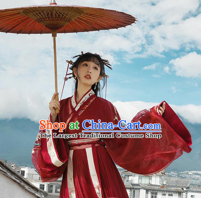 Chinese Jin Dynasty Wedding Garment Traditional Ancient Royal Princess Hanfu Costumes Embroidered Red Blouse and Skirt Full Set