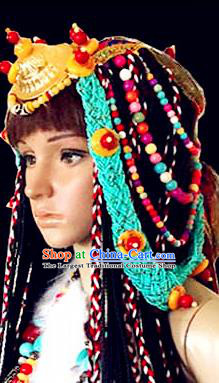 Chinese Traditional Tibetan Nationality Folk Dance Blue Sennit Hair Accessories Decoration Handmade Zang Ethnic Stage Show Golden Headdress for Women
