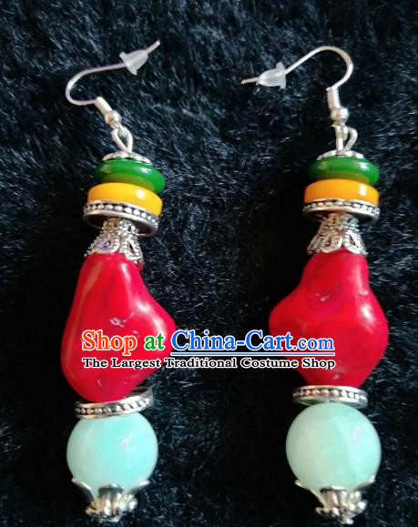 Traditional Chinese Zang Ethnic Red Stone Earrings Folk Dance Ear Accessories Handmade Tibetan Nationality Eardrop for Women