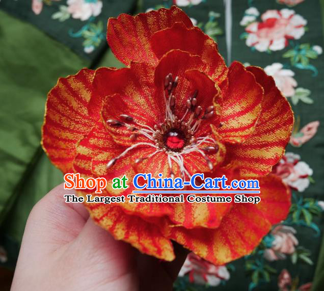Handmade Chinese Red Silk Flower Hairpins Traditional Hanfu Hair Accessories Ancient Song Dynasty Court Hair Clip for Women