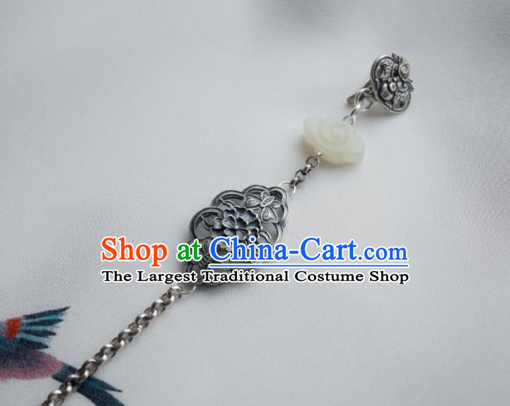 Chinese Classical Cheongsam Silver Carving Flower Brooch Traditional Hanfu Accessories Handmade Tassel Breastpin Pendant for Women