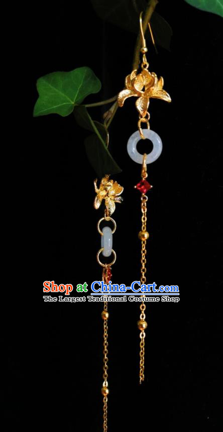Chinese Handmade Golden Lotus Earrings Traditional Hanfu Ear Jewelry Accessories Jade Ring Tassel Eardrop for Women