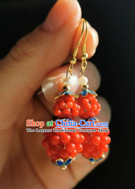 Chinese Handmade Qing Dynasty Earrings Traditional Hanfu Ear Jewelry Accessories Classical Red Coral Eardrop for Women