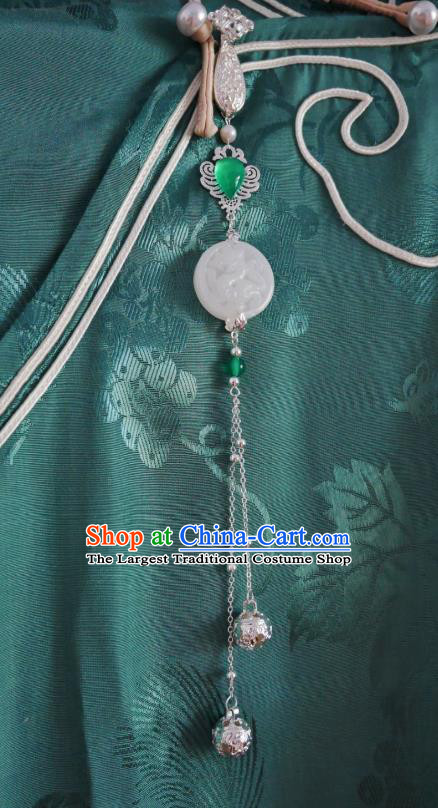Chinese Classical White Jade Brooch Traditional Hanfu Cheongsam Accessories Handmade Bells Tassel Breastpin Pendant for Women