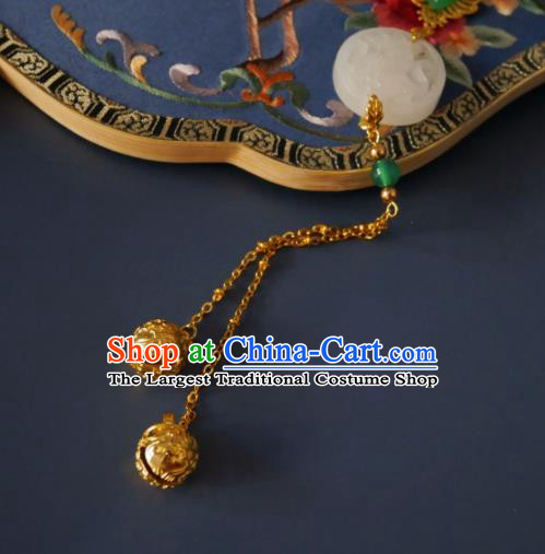 Chinese Classical Jade Carving Dragon Brooch Traditional Hanfu Cheongsam Accessories Handmade Golden Bells Tassel Breastpin Pendant for Women