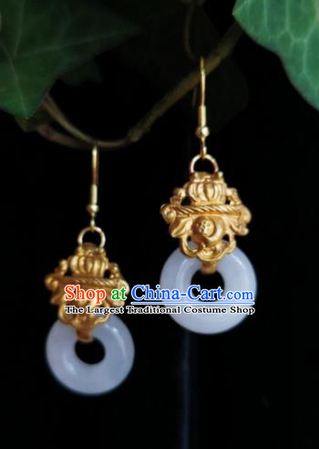 Chinese Handmade Qing Dynasty White Jade Ring Ring Earrings Traditional Hanfu Ear Jewelry Accessories Classical Court Golden Eardrop for Women