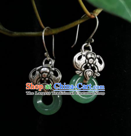 Chinese Handmade Qing Dynasty Green Jade Ring Ring Earrings Traditional Hanfu Ear Jewelry Accessories Classical Court Silver Carving Bat Eardrop for Women