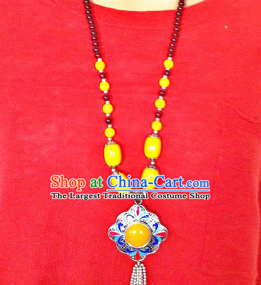 Chinese Handmade Zang Nationality Yellow Beads Necklet Decoration Traditional Tibetan Ethnic Necklace Folk Dance Cloisonne Accessories for Women