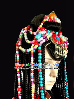 Chinese Traditional Tibetan Nationality Colorful Beads Hair Clasp Decoration Handmade Zang Ethnic Headdress Bride Tassel Hair Accessories for Women