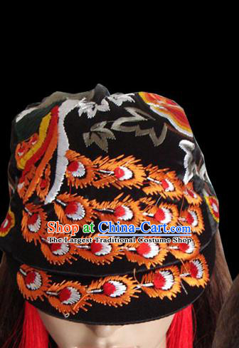 Chinese Traditional Folk Dance Hat Decoration Handmade Ethnic Peacock Dance Headdress Stage Show Embroidered Black Cap for Women