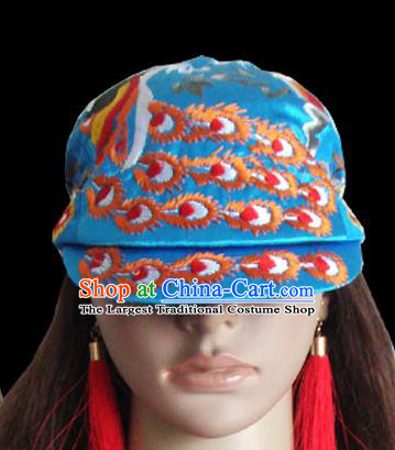 Chinese Traditional Folk Dance Hat Decoration Handmade Ethnic Peacock Dance Headdress Stage Show Embroidered Blue Cap for Women