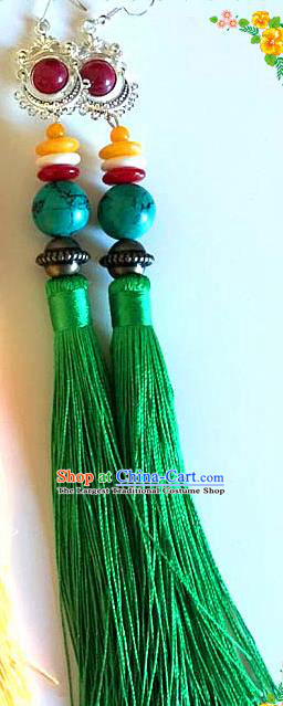 Traditional Chinese Zang Ethnic Folk Dance Green Tassel Earrings Exaggerate Ear Accessories Handmade Tibetan Nationality Stage Show Eardrop for Women