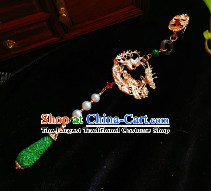 Chinese Classical Golden Crane Brooch Traditional Hanfu Cheongsam Accessories Handmade Green Carving Breastpin Pendant for Women