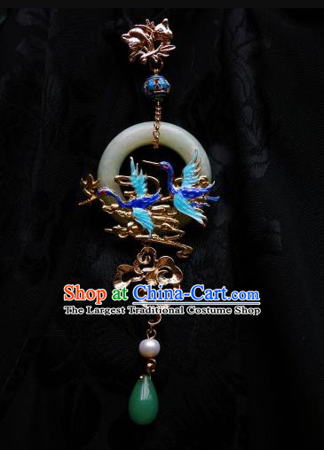 Chinese Classical Cloisonne Cranes Brooch Traditional Hanfu Cheongsam Accessories Handmade Jade Ring Tassel Breastpin Pendant for Women
