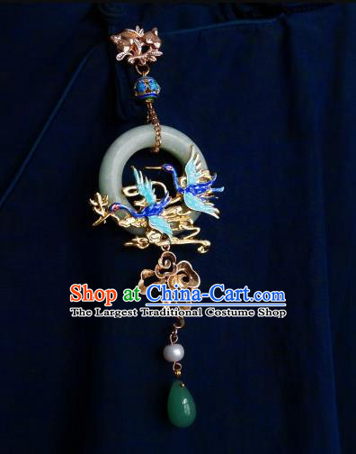 Chinese Classical Cloisonne Cranes Brooch Traditional Hanfu Cheongsam Accessories Handmade Jade Ring Tassel Breastpin Pendant for Women