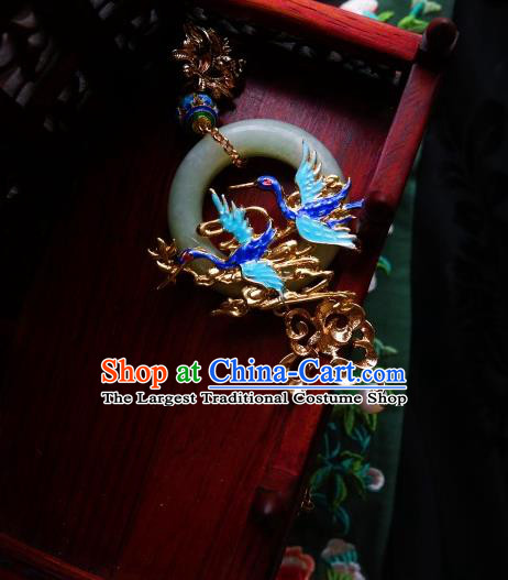 Chinese Classical Cloisonne Cranes Brooch Traditional Hanfu Cheongsam Accessories Handmade Jade Ring Tassel Breastpin Pendant for Women