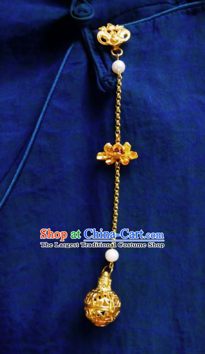 Chinese Classical Golden Sachet Brooch Traditional Hanfu Cheongsam Accessories Handmade Lotus Tassel Breastpin Pendant for Women