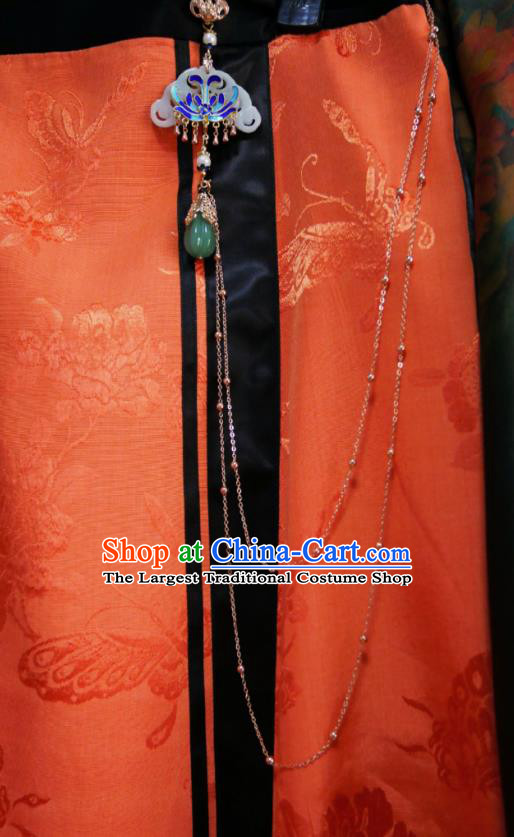 Chinese Classical Jade Brooch Traditional Hanfu Cheongsam Accessories Handmade Golden Tassel Breastpin Pendant for Women