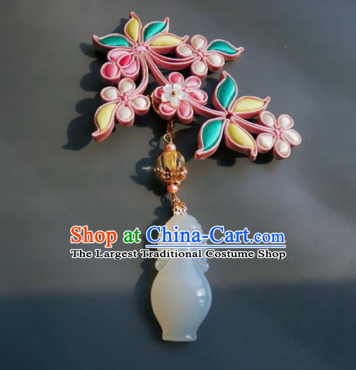 Chinese Classical Pink Silk Plum Brooch Traditional Hanfu Cheongsam Accessories Handmade Jade Vase Breastpin Pendant for Women