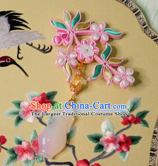 Chinese Classical Pink Silk Plum Brooch Traditional Hanfu Cheongsam Accessories Handmade Jade Vase Breastpin Pendant for Women