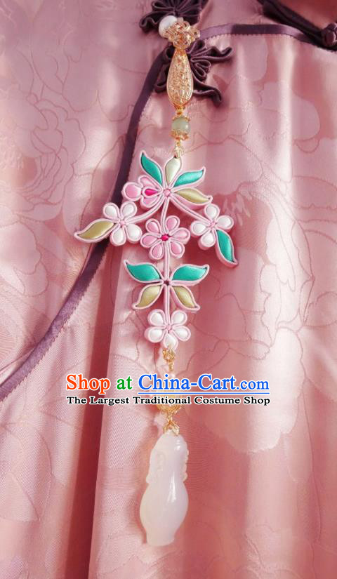 Chinese Classical White Jade Vase Brooch Traditional Hanfu Cheongsam Accessories Handmade Silk Flowers Breastpin Pendant for Women