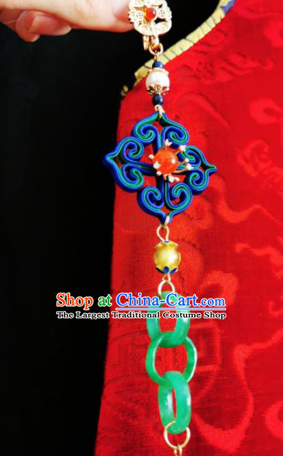 Chinese Classical Blue Silk Brooch Traditional Hanfu Cheongsam Accessories Handmade Jade Rings Tassel Breastpin Pendant for Women