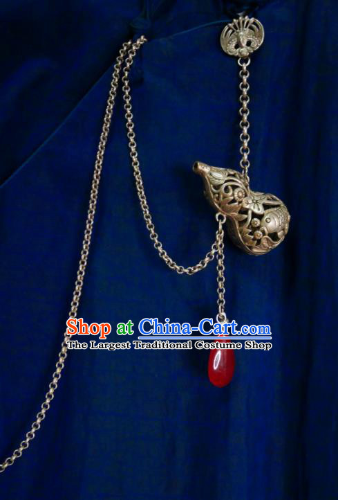 Chinese Classical Silver Cucurbit Brooch Traditional Hanfu Cheongsam Accessories Handmade Jade Tassel Breastpin Pendant for Women