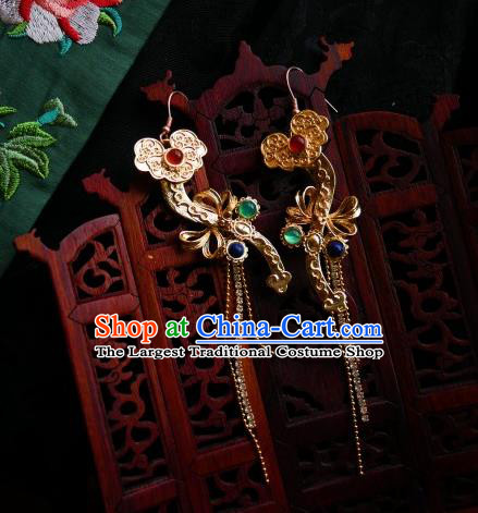 Chinese Handmade Qing Dynasty Court Golden Earrings Traditional Hanfu Ear Jewelry Accessories Classical Crystal Tassel Eardrop for Women