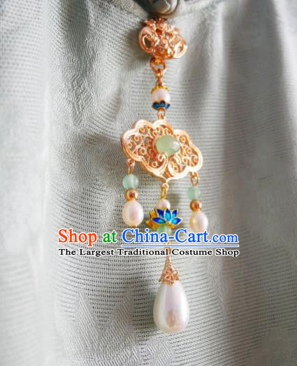 Chinese Classical Green Chalcedony Brooch Traditional Hanfu Cheongsam Accessories Handmade Blueing Lotus Breastpin Pendant for Women