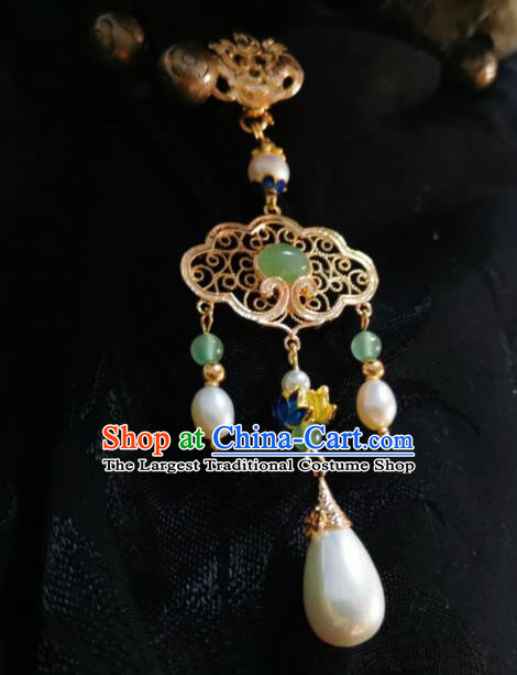 Chinese Classical Green Chalcedony Brooch Traditional Hanfu Cheongsam Accessories Handmade Blueing Lotus Breastpin Pendant for Women
