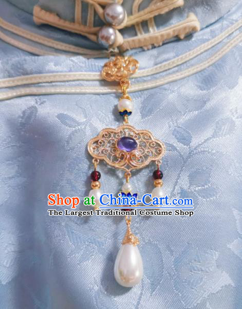Chinese Classical Lilac Chalcedony Brooch Traditional Hanfu Cheongsam Accessories Handmade Blueing Lotus Breastpin Pendant for Women