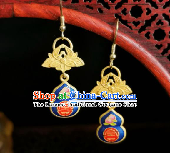 Chinese Handmade Qing Dynasty Blueing Cucurbit Earrings Traditional Hanfu Ear Jewelry Accessories Classical Court Silver Eardrop for Women