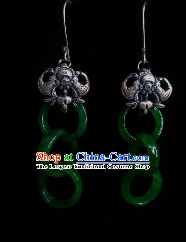 Chinese Handmade Court Jade Rings Earrings Traditional Hanfu Ear Jewelry Accessories Classical Silver Carving Bat Eardrop for Women