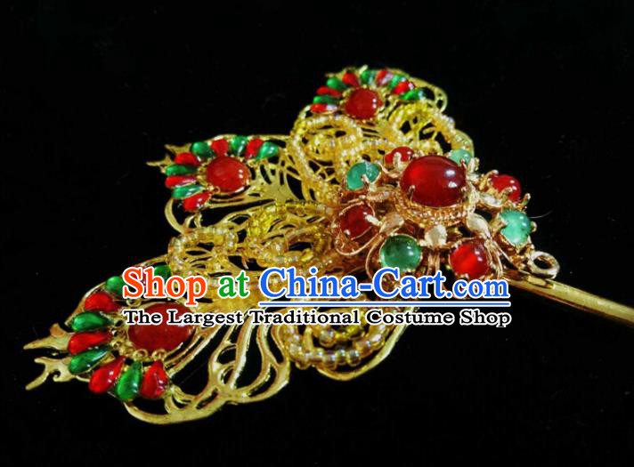 Handmade Chinese Golden Beads Hairpins Traditional Hanfu Hair Accessories Ancient Qing Dynasty Court Agate Hair Clip for Women