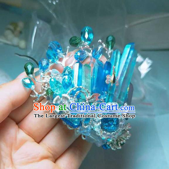 Handmade Chinese Blue Crystal Hair Crown Hairpins Traditional Hanfu Hair Accessories Ancient Court Hair Clip for Women