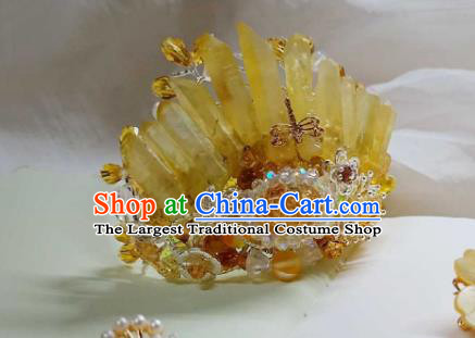 Handmade Chinese Yellow Crystal Hair Crown Hairpins Traditional Hanfu Hair Accessories Ancient Court Hair Clip for Women