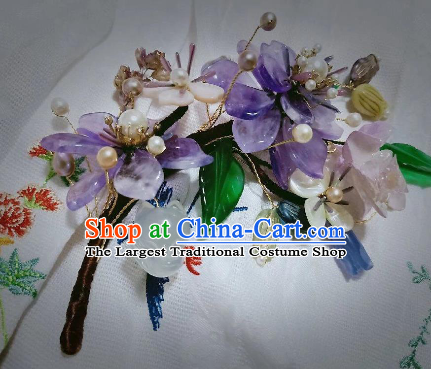 Handmade Chinese Amethyst Flowers Hair Stick Hairpins Traditional Hanfu Hair Accessories Ancient Court Hair Claw for Women