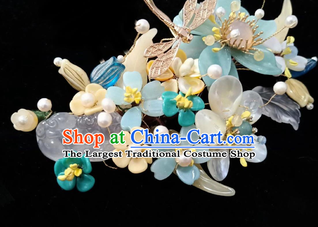 Handmade Chinese Amazonite Flowers Hair Stick Hairpins Traditional Hanfu Hair Accessories Ancient Court Dragonfly Hair Claw for Women