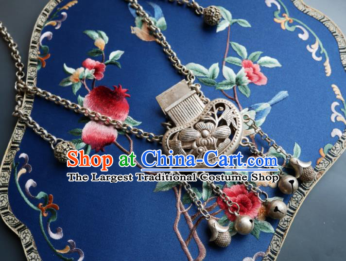 Chinese Handmade Silver Sachet Necklace Traditional Hanfu Jewelry Accessories Bells Tassel Longevity Lock for Women