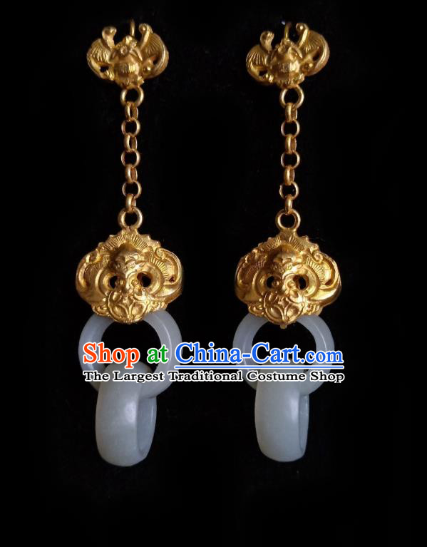 Chinese Handmade Court Carving Golden Earrings Traditional Hanfu Ear Jewelry Accessories Classical Jade Rings Eardrop for Women