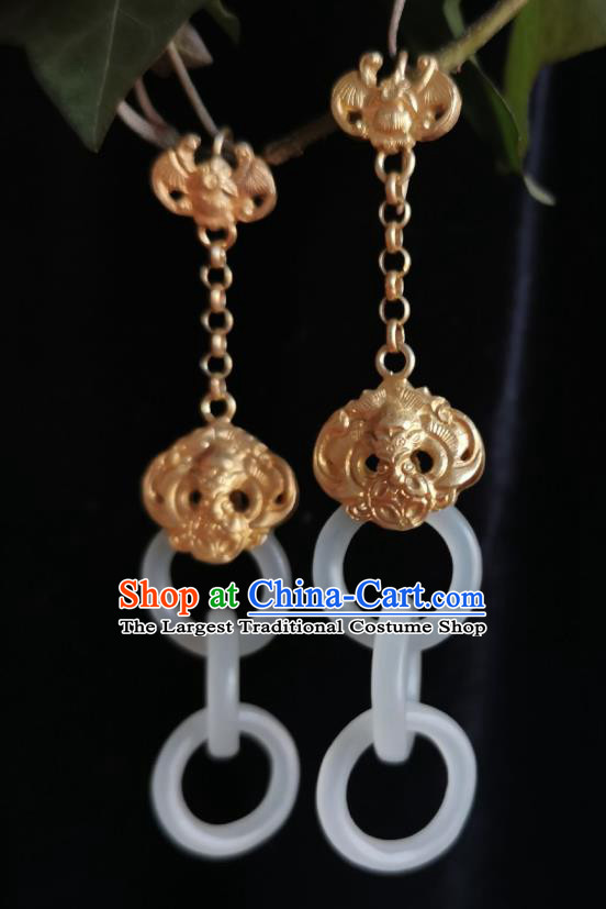 Chinese Handmade Court Carving Earrings Traditional Hanfu Ear Jewelry Accessories Classical Hetian Jade Rings Eardrop for Women