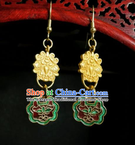 Chinese Handmade Qing Dynasty Cloisonne Lock Earrings Traditional Hanfu Ear Jewelry Accessories Classical Court Eardrop for Women