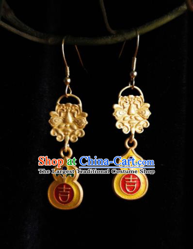 Chinese Handmade Qing Dynasty Golden Earrings Traditional Hanfu Ear Jewelry Accessories Classical Court Cloisonne Eardrop for Women