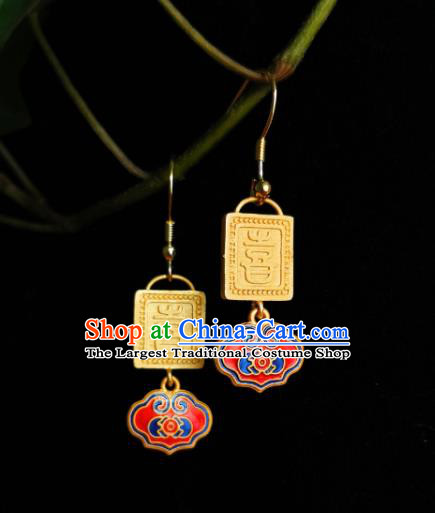 Chinese Handmade Qing Dynasty Earrings Traditional Hanfu Ear Jewelry Accessories Classical Court Cloisonne Red Eardrop for Women