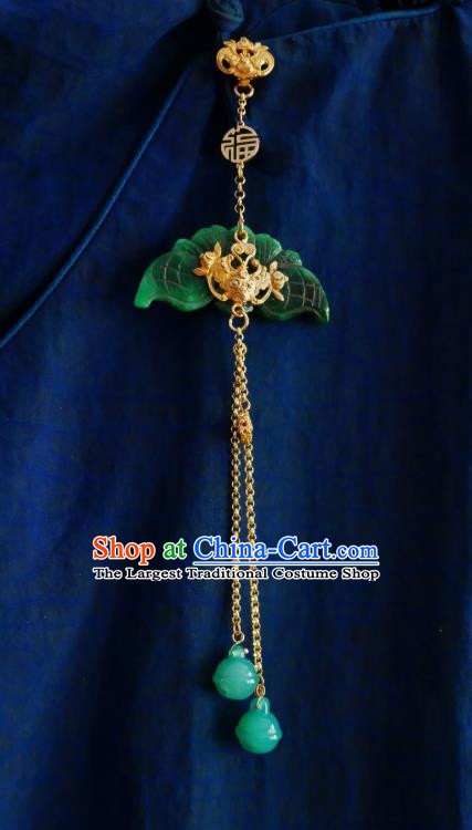 Chinese Classical Golden Bat Brooch Traditional Hanfu Cheongsam Accessories Handmade Jade Tassel Breastpin Pendant for Women