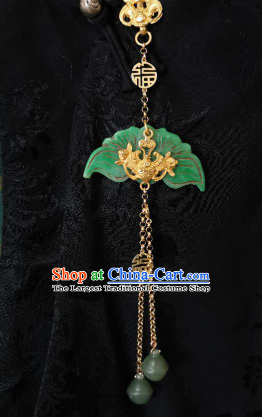 Chinese Classical Golden Bat Brooch Traditional Hanfu Cheongsam Accessories Handmade Jade Tassel Breastpin Pendant for Women