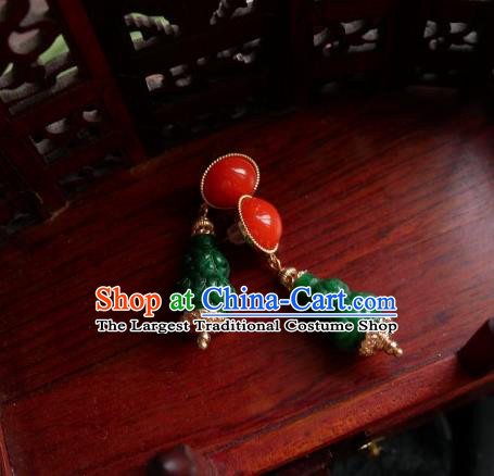 Chinese Handmade Qing Dynasty Green Carving Cucurbit Earrings Traditional Hanfu Ear Jewelry Accessories Classical Court Eardrop for Women