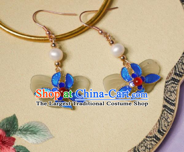 Chinese Handmade Qing Dynasty Blueing Earrings Traditional Hanfu Ear Jewelry Accessories Classical Court Jade Butterfly Eardrop for Women