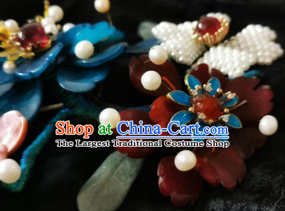 Handmade Chinese Agate Hairpins Traditional Hanfu Pearls Hair Accessories Ancient Qing Dynasty Court Flowers Hair Clip for Women